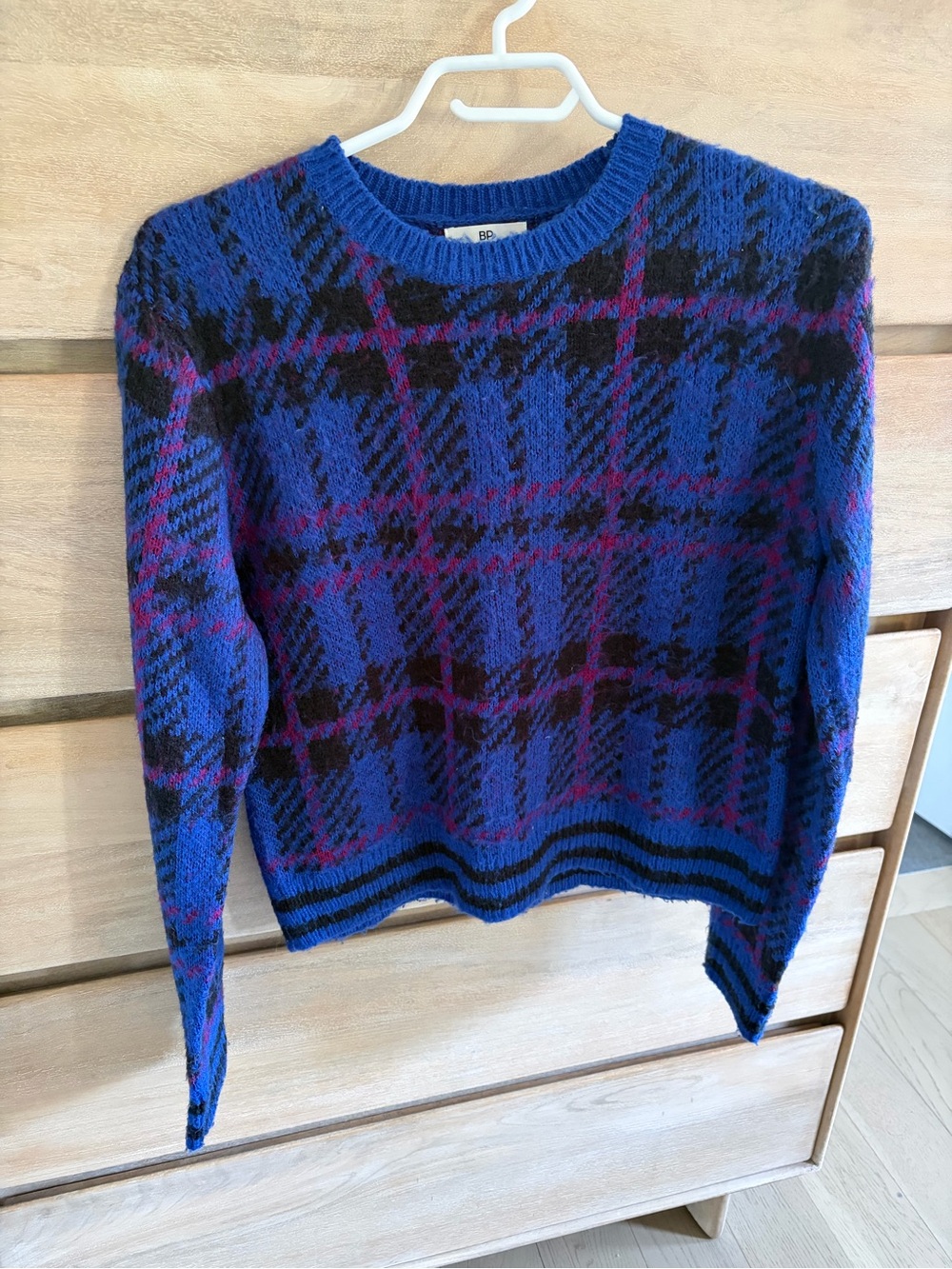 bp Blue Plaid Crewneck Sweater with Black and Pink Accents